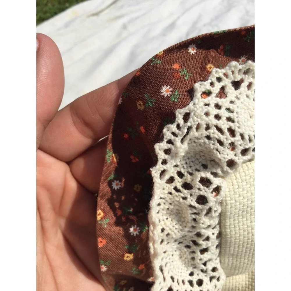 Vintage Decorative pillow‎ embroidered pineapple 13” cross-stitch floral brown